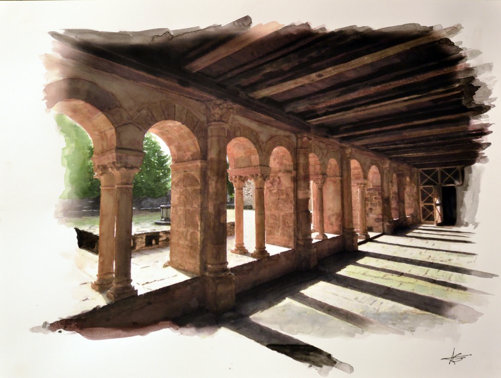 L'abbatiale Sainte-Foy de Conques, aquarelle