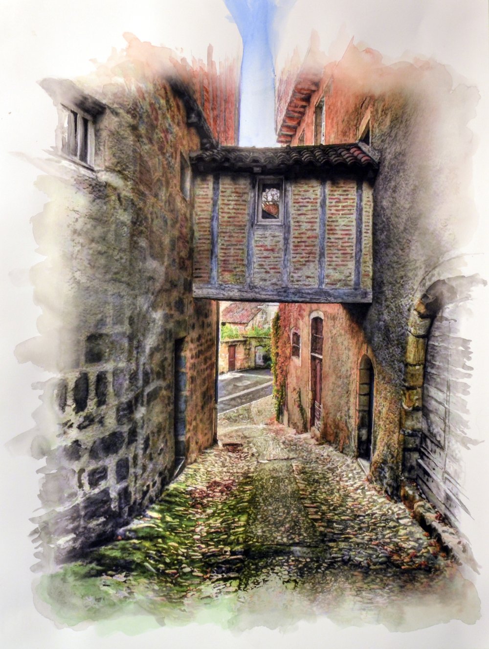 Ruelle médiévale de Figeac, aquarelle