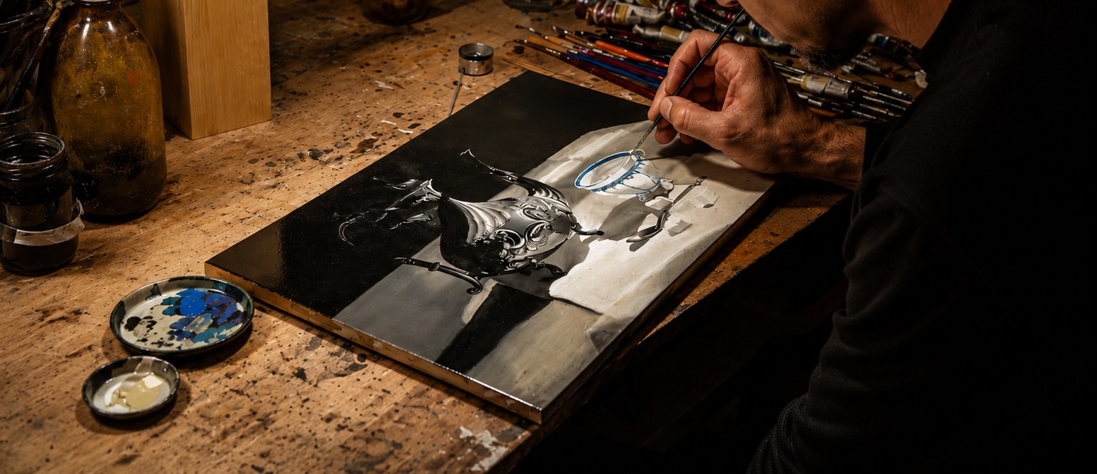 Gilles Aguilera dans son atelier, peignant une nature morte